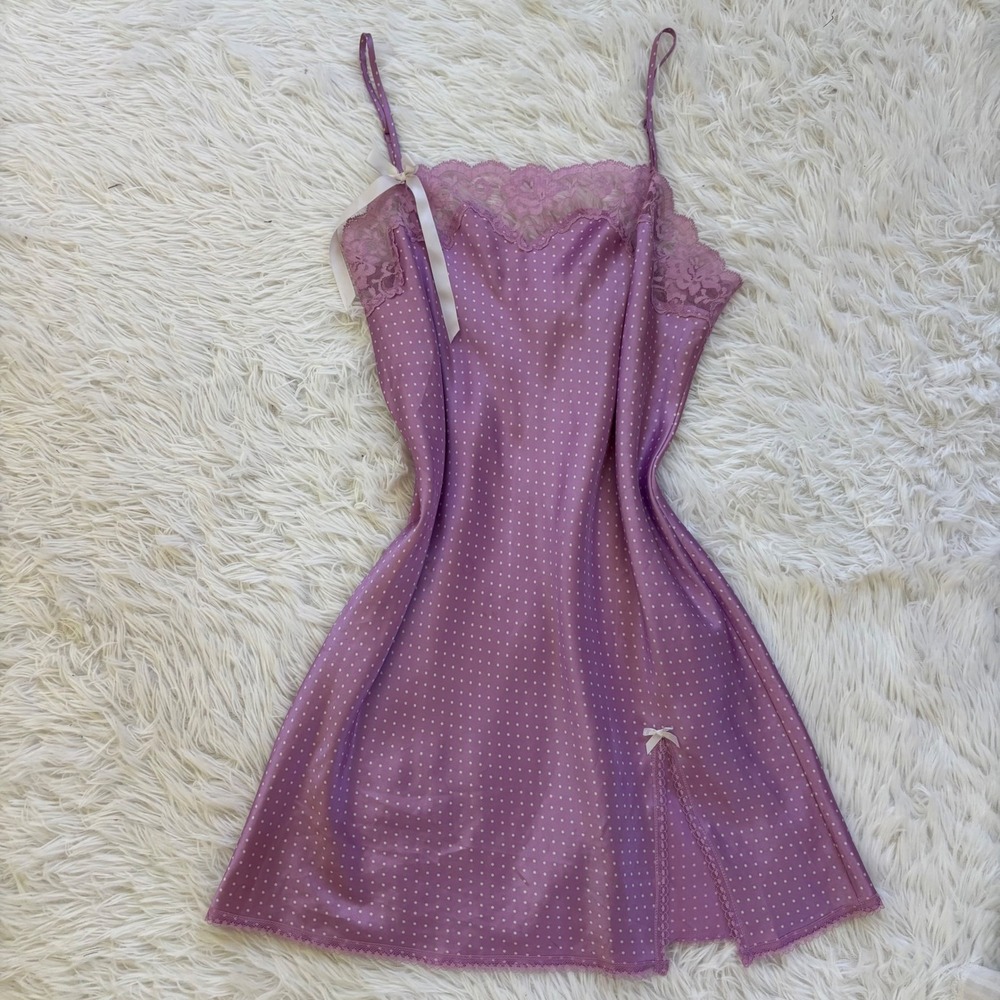Victoria's Secret Angels Slip Dress Medium Purple Coquette Polka Dot Lace Y2K M